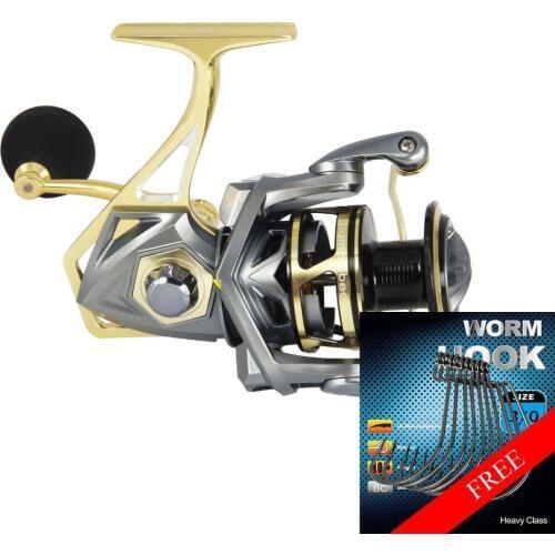 BUMBLEBEE Waterproof Spinning Reel 5.2:1 Aluminum Spool Saltwater Fishing Reel 2500-5000 Series & Free Worm Hook