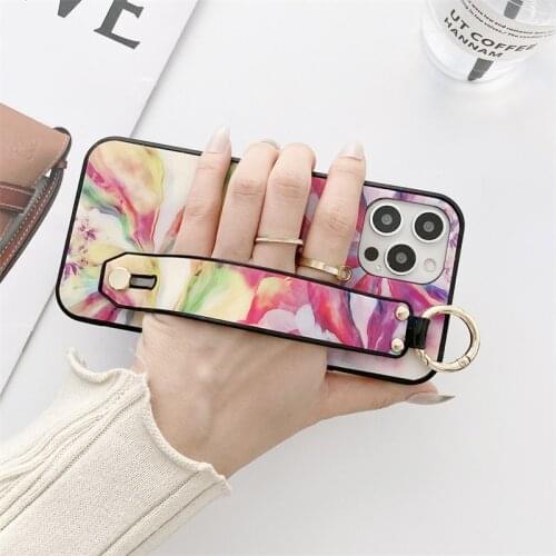 Flowers Wrist Strap Phone Holder Case For iPhone 11 12 Pro Max XS XR 7 8 Plus SE 2 Shockproof Cover for Samsung S21 Ultra S20 FE