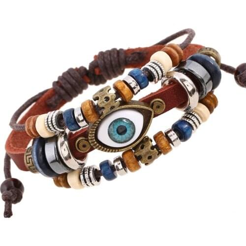 Punk Jewelry New Beaded Eyes Cattle Leather Bracelet Couple Leather Bracelet Boho Wrap Bracelet Evil Eye fashion jewelry