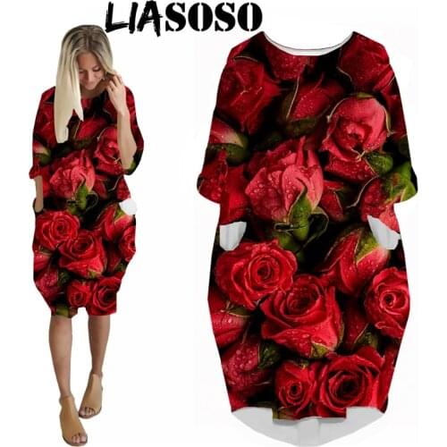 LIASOSO 3D Print Fashion Funny Shirt Suit Rock Harajuku Flower Women Anime Rose Gown Lady Girl Clothing Party Long-sleeved Dress