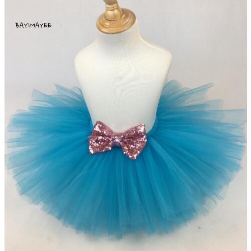Cute Girls Turquoise Tutu Skirt Baby Ballet Dance Pettiskirts with Pink Sequin Bow Kids Birthday Party Skirt Costume Tutu Cloth