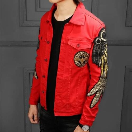 Mens Fashion Wings Embroidery Jean Jacket Hip Hop Streetwear Slim Denim Coat Harajuku Black Bomber Male Red Outwear Autumn New