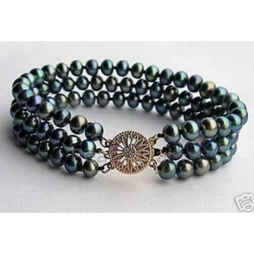 New hot New 3 Rows AA 7-8MM Black Akoya Cultured Pearl Bracelet 7.5" AA