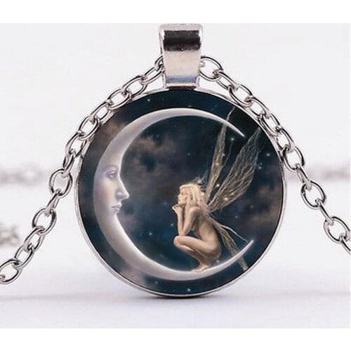 New Fashion Fairy on the Moon Photo Cabochon Glass Chain Pendant Necklace Jewelry Women Gift Wholesale