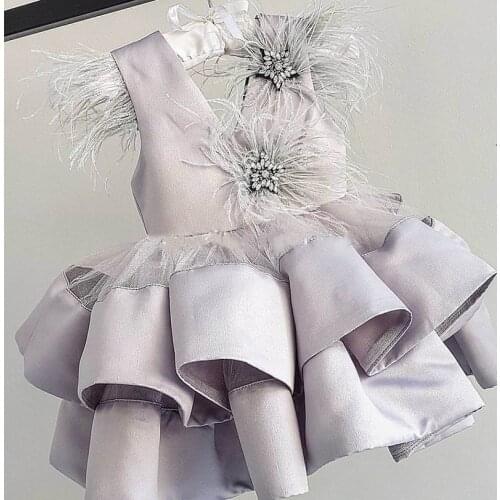 New Grey Baby Girls Dresses for Birthday Party V Neck Layered Skirt Princess Girl Dress Kids Pageant Prom Gown
