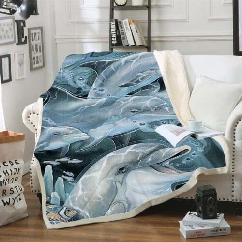 Cute Dolphin 3D Printed Sherpa Blanket Couch Quilt Cover Travel Bedding Outlet Velvet Plush Throw Fleece Blanket Bedspread 04