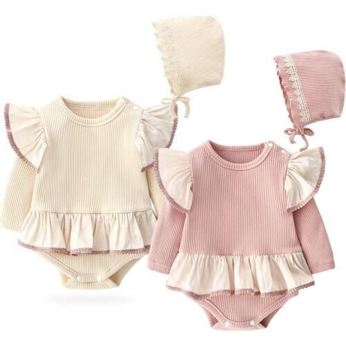 Newborn Baby Boy Girl Clothes Baby Girl Bodysuit Long Sleeve O-neck Solid Color Baby Twin Clothes For Baby 0-18m Jumpsuit + Hat