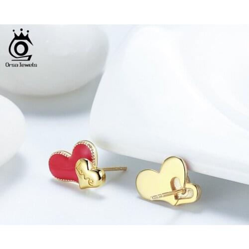 ORSA JEWELS Solid 925 Silver Stud Earring Red Heart Design Natural Enamel Earrings Drop Trinket For Girls Dating EQE24