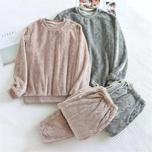 Pajamas Set Flannel Warm Homewear Women Winter Long Sleeve Sleepwear Plush Pyjamas Men Nightgown Pijamas Mujer Home Suits 2 PCS
