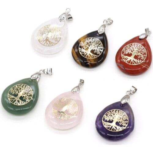 Handmade Tree of Life Pattern Healing Rose Pink Quartz Stone teardrop Chakra Pendants for Jewelry Making Wholesale