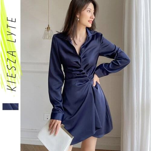 Blue Shirt Dress 2021 Spring Autumn Slim Waist French Irregular Long Sleeve Pleated Shirts Dresses Female