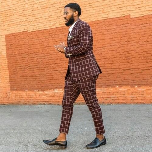 Burgundy Glen Plaid Two Pieces Wedding Tuxedos Notched Lapel Slim Fit Prom Suits Mens Business Clothes