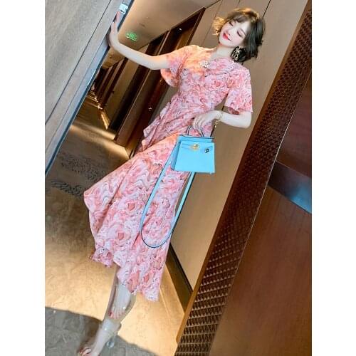 Top Quality Fold lapel V-neck Girdle, ruffle sleeve, stitching, ruffle hem, print dress, new summer style for women