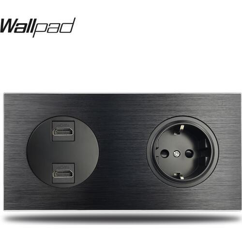 Wallpad Double HDMI 3.0 Outlet with EU German Wall Electrical Power Round Socket L6 Black Brushed Aluminum Satin Metal 172*86mm