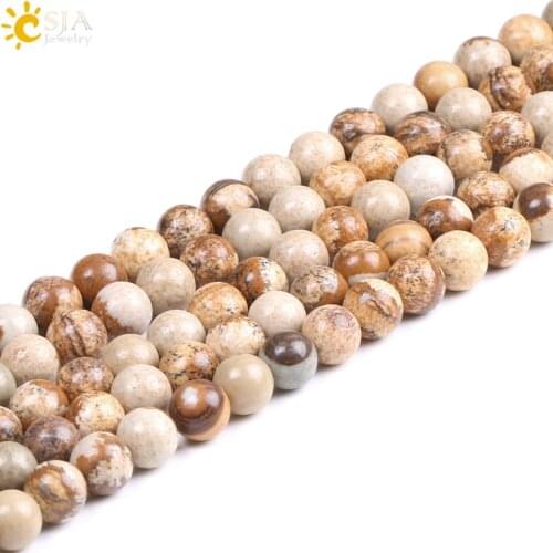 CSJA Natural Picture Stone Loose Beads Brown Round Beaded for Jewelry Making Bracelet Necklace 4 6 8 10mm DIY Handmade Gift F238