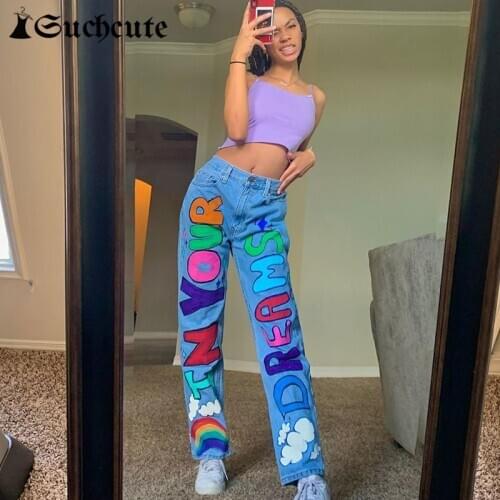 SUCHCUTE Colorful Letter Print Pants For Women Straight Trousers y2k Aesthetic Streetwear High Waist Demin Pant 90s Outfits
