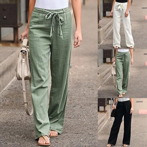 Women Linen Cotton Pants Summer Spring Casual Solid Elastic Waist Straight Trousers 2021 Female Loose Ankle-length Long Pants