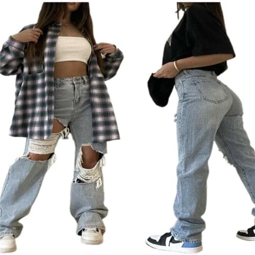 Women Ripped Jeans High Waist Hollow Out Trousers Straight-leg Denim Pants Outwear Solid Holes Destroyed Jeans Boyfriend Jeans