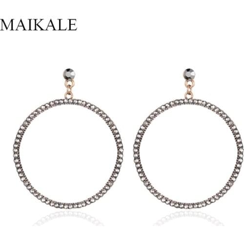 MAIKALE Exaggerated Big Round Circle Alloy Earrings Black Rhinestone Gold Large Drop Dangle Earrings for Women Jewelry
