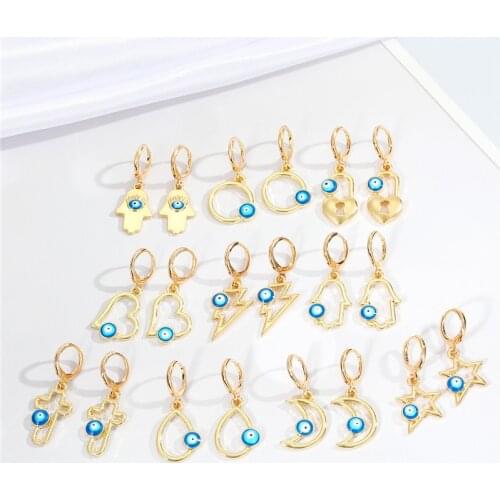 1Pair Punk Hollow Lightning Star Blue Evil Eye Earrings For Women Heart Cross Fatima Hand Waterdrop Hoop Earrings Ear Stud