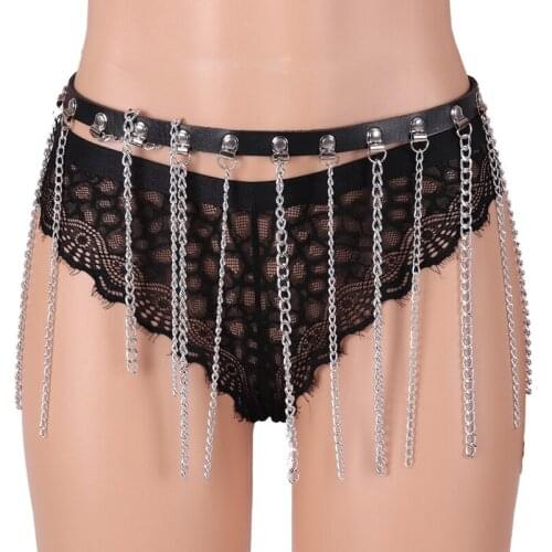 Womens Leather Harness Metal Chain Skirt Bondage Belt Fringed Sexy Goth Punk Fashion Clothing Club Wear Exotic Accessories