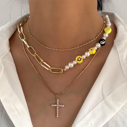 2021 New Acrylic Smiley Pearl Beaded Necklace For women Multi-layer Metal Choker Crystal Cross Clavicle Chain Asymmetric Jewelry