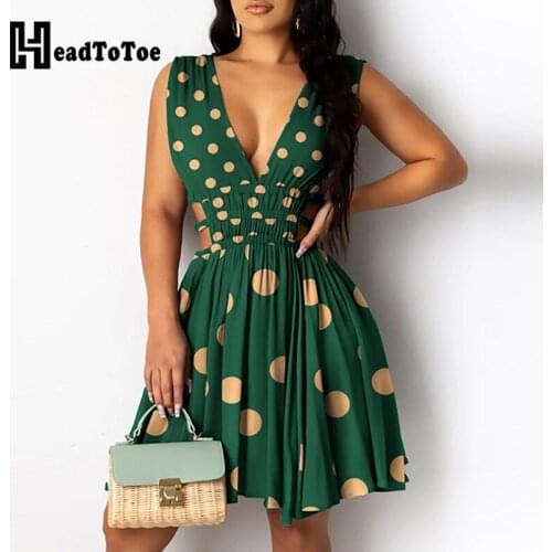 Cutout Waist Plunge Polkadot Print Dress Women Summer Dress