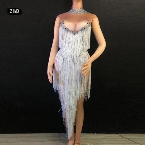 Silver Rhinestones White Tassels Dress Sexy Sleeveless Female Singer Dance Wear Latin Modern Clothes Fringe Performance Costume