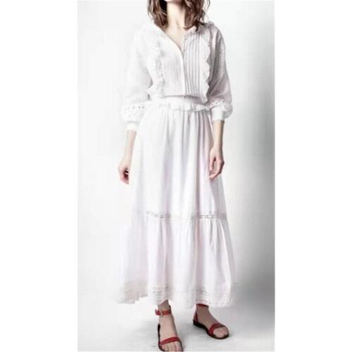 Women Ruffles Trim Midi Dress 2021 Spring Summer Lantern Sleeve Lace Hollow Out Pleated with Buttons