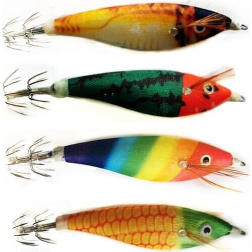 8Pcs Fishing Squid Hook Wood Shrimp Artificial Lure Glow Jigging Octopus Jig Luminous 12g/10cm Squid jigs Fishing Lure