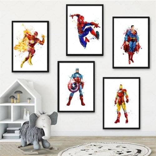 Watercolor Marvel Superhero Print Canvas Painting Iron Man Captain America Spiderman Children Poster Wall Art Kids Room Decor