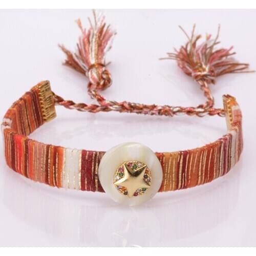 White Shell Pearl Star Sign With CZ Ethnic Tassel Tail Wristband Charm Adjustable Bracelet For Woman