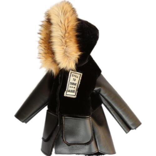 2020 Winter Childrens Faux Fur Coat Patchwork Fur PU Leather Jackets Baby Boys Girls Warm Fur Hooded Coat Thicker Outerwear Y44