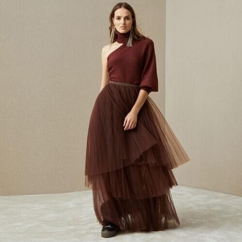 Elegant Burgundy Asymmetrical Tulle Women Skirts Tiered Long Tulle Skirt High End Dark Red Female Maxi Skirt