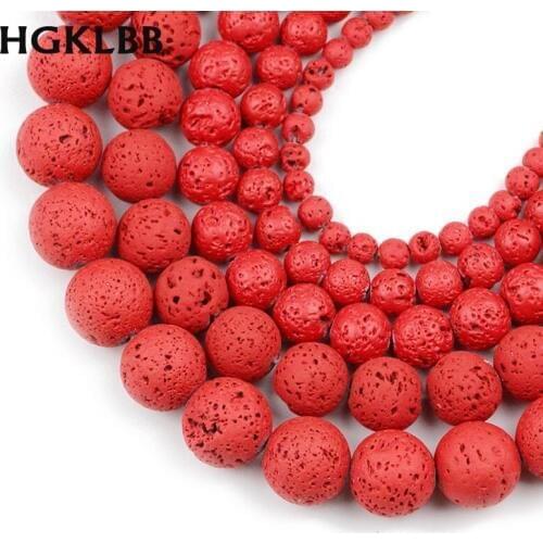 HGKLBB Natural Stone Red Volcanic Lava Rock beads 4/6/8/10/12MM Rubber Round Spacer Loose beads for Jewelry making DIY bracelet