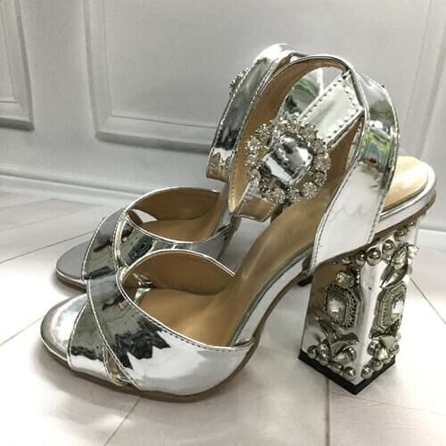 Summer Luxury Sliver Mirror Leather Across Rhinestone Rivets Studs Chunky Heels Sandals Woman Open toe Gem Crystal Buckle Shoes