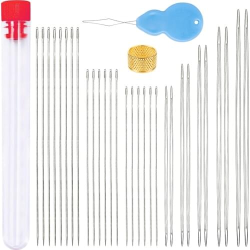 LMDZ 30Pcs Opening Curved Beading Needles Set Big Eye Needles Long Straight Needles for Threading Jewelry Making with Bottle