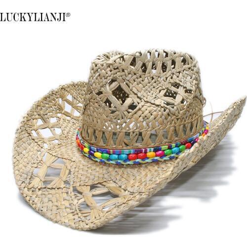 LUCKYLIANJI Womens Mens Unisexs Vintage Wide Brim Straw Sun Beach Cowboy Cowgirl Western Hat Bohemian Beaded Band (58cm)