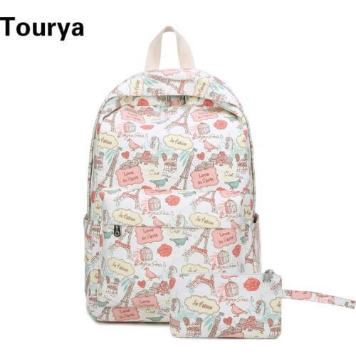 Tourya Cute Canvas Cartoon Printing Women Backpack Student School Bag for Teenage Girls Travel Bagpack Schoolbag Laptop Rucksack