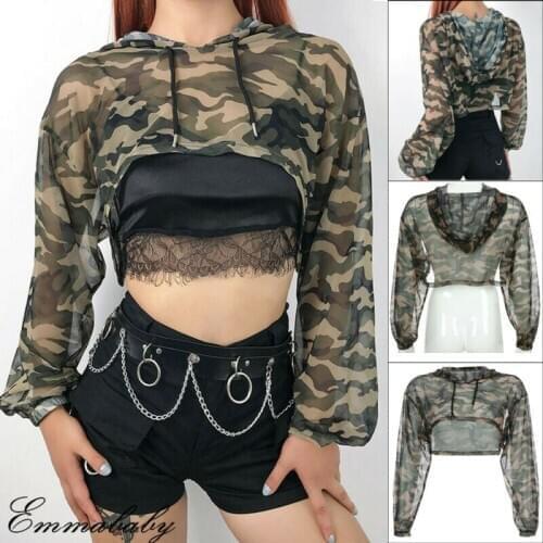 Fashion Short Women Hoodies Sweatshirt Summer Casual Camouflage Perspective Long Sleeve Blouse Crop Tops Streetwear