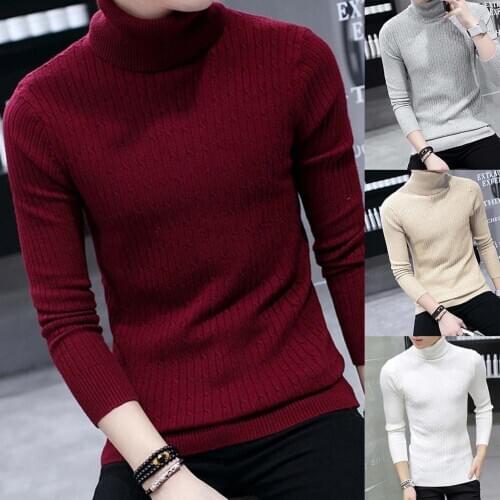 Men Thicken Warm Turtleneck Solid Color Long Sleeve Knitted Sweater Top