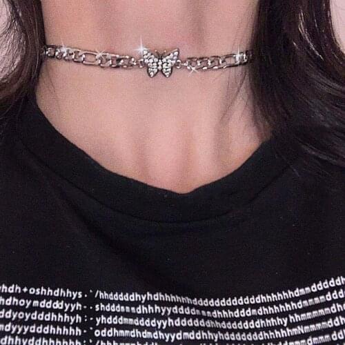 Trendy Rhinestone Butterfly Choker Necklaces for Women Ladies Punk Hip Hop Silver Color Chain Chocker Necklace Collars Jewelry