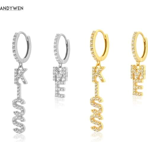 ANDYWEN 925 Sterling Silver 9mm Black Kiss Me Pendant Drop Earring Clips Letters Piercing Pendiente Luxury Zircon Jewelry