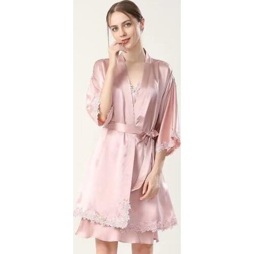 Factory direct sale four seasons can wear 100% silk ladies sexy sling bathrobe nightgown two-piece home service
