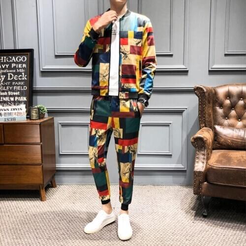 Luxury Fashion Tracksuit Sharp Plaid Print Mens Tracksuits 2020 Abbigliamento Uomo 2 Piece Set Dresy Meskie Esofman Takımı