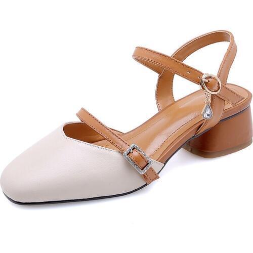 19 years spring and summer square head with square buckle with leather sandals 33-43