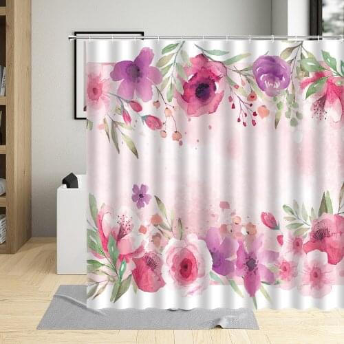 Happy Tree Polyester Shower Curtain Peony Pink Flower Cloth Fabric Bathroom Curtains Waterproof Screens Bathtub Decor With Hooks