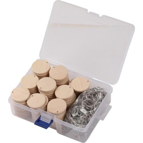 T3EC 1 Set Natural Blank Wood Slices Discs Unfinished Wooden Hanging Tags Chips Round Circles Pendants with Hole Metal Keychain