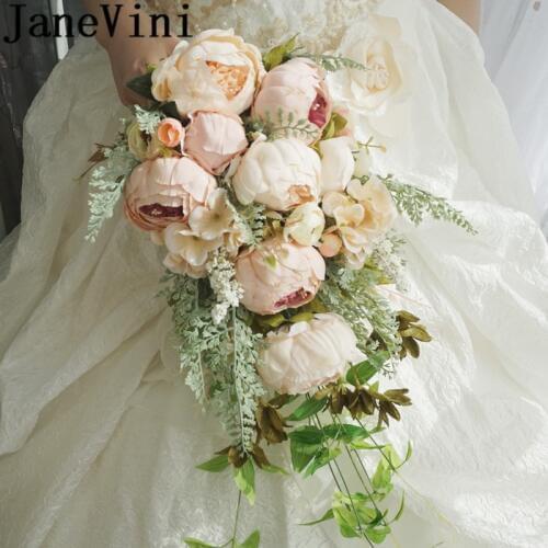 JaneVini Vintage Peonies Wedding Bouquets Waterfall Artificial Rose Peony Bridal Flowers Bouquet Brides Hand Holder Accessories