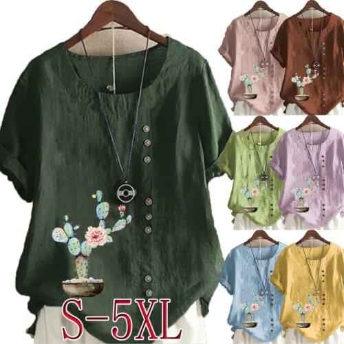 Womens New Fashion Summer Cactus Printed Round Neck Short Sleeve T-shirt Casual Loose Solid Color Blouse Tops Plus Size
